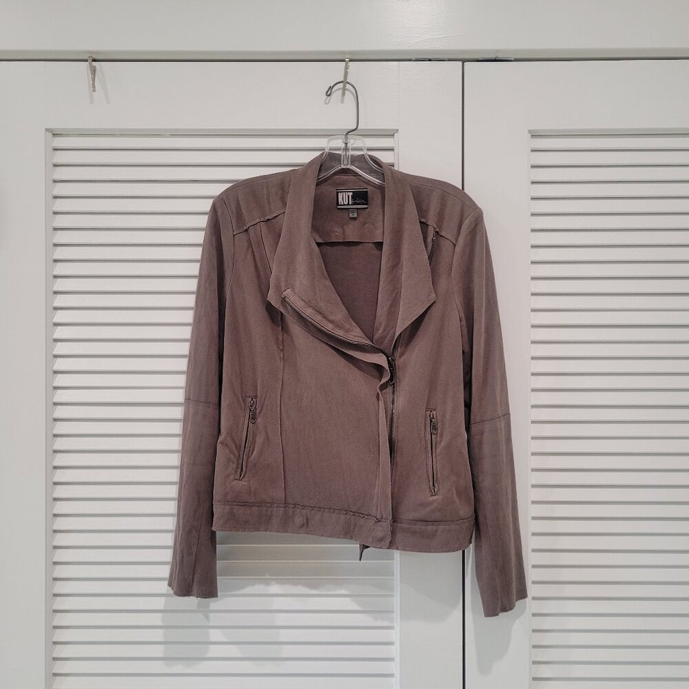 EUC Kut from the Kloth Grey Faux Suede Moto 2 Zip Pockets Jacket US Size Medium